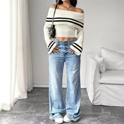 Women's Off-shoulder Midriff-baring Sweater Knitted Bell Sleeve Top