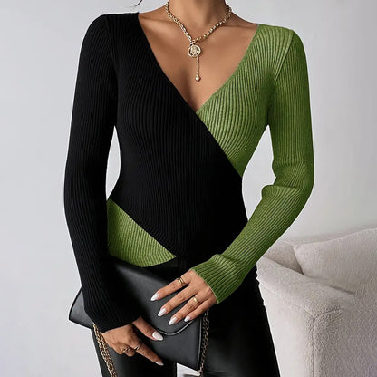 Women's Elegant V-Neck Cross Front Sweater, Color Block Knit Top For Spring And Fall Layering