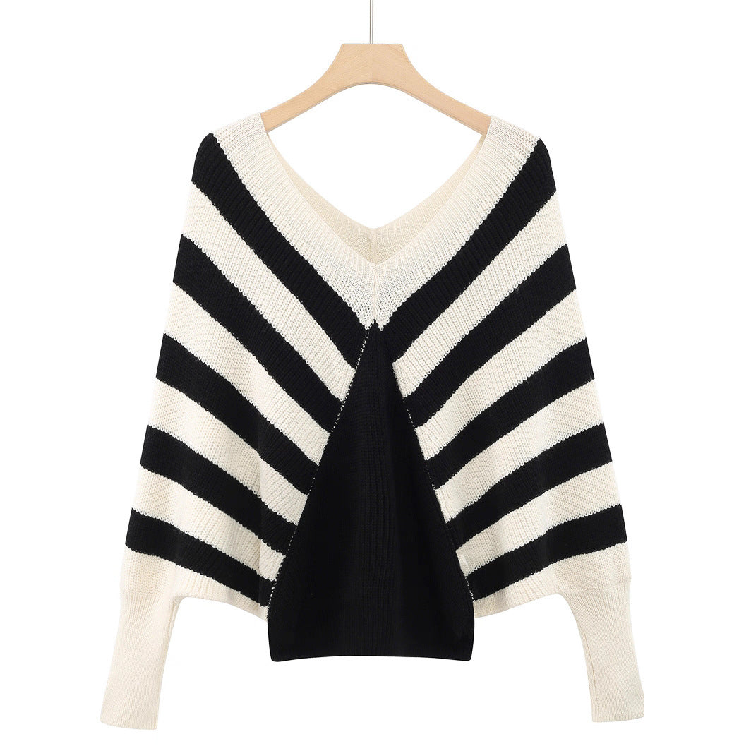 Plus Size Stripe Contrast Color V-neck Long-sleeve Knitwear