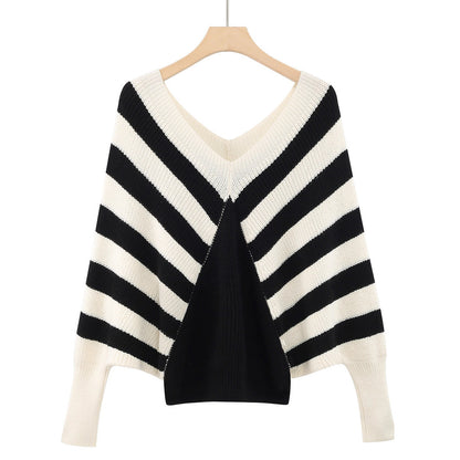 Plus Size Stripe Contrast Color V-neck Long-sleeve Knitwear