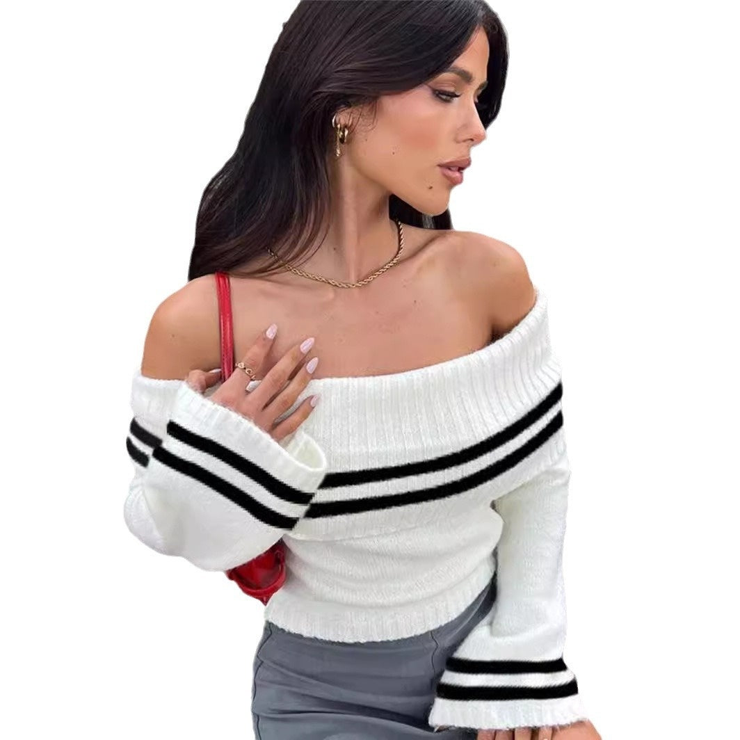 Women's Off-shoulder Midriff-baring Sweater Knitted Bell Sleeve Top