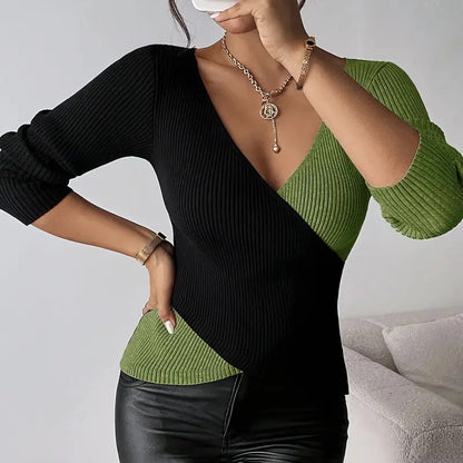 Women's Elegant V-Neck Cross Front Sweater, Color Block Knit Top For Spring And Fall Layering
