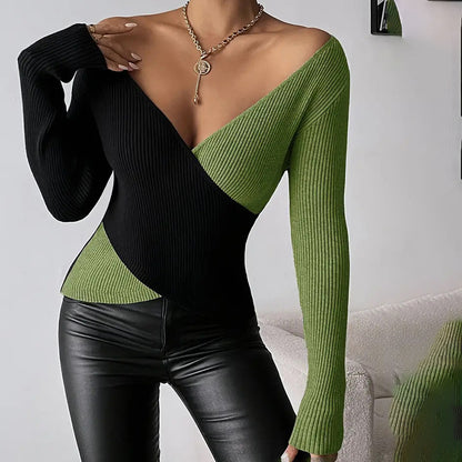 Women's Elegant V-Neck Cross Front Sweater, Color Block Knit Top For Spring And Fall Layering