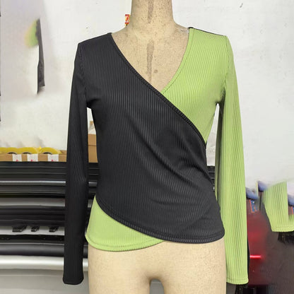 Women's Elegant V-Neck Cross Front Sweater, Color Block Knit Top For Spring And Fall Layering