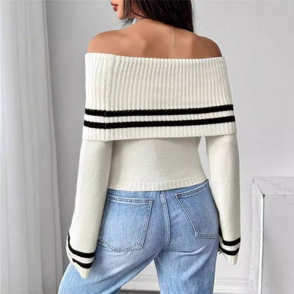 Women's Off-shoulder Midriff-baring Sweater Knitted Bell Sleeve Top