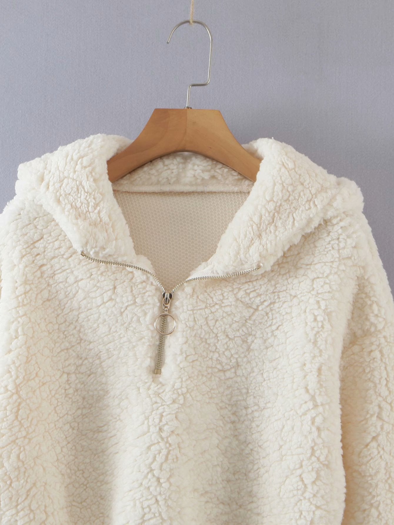 Short Furry Half-Zip Hooded Pullover Sweatshirt