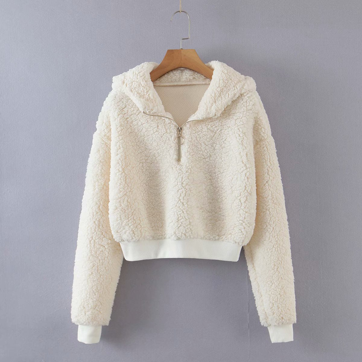 Short Furry Half-Zip Hooded Pullover Sweatshirt