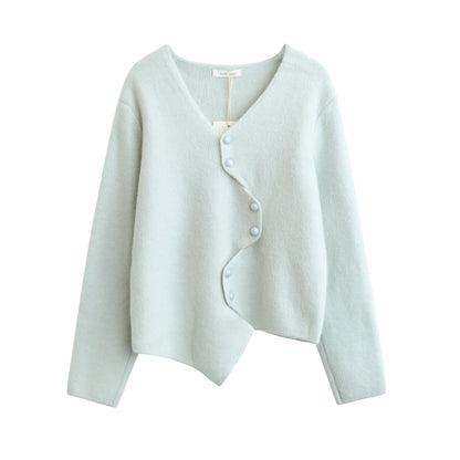 Irregular V Collar Womens Knitwear Sweater, Fuzzy Sweater, Loose Knit Fuzzy Women's Outerwear, Hand Knit Ribbed Cardigan, Spring Clothing