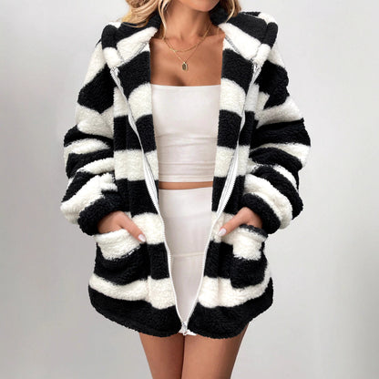 Casual Long Sleeve Black And White Striped Cardigan Jacket