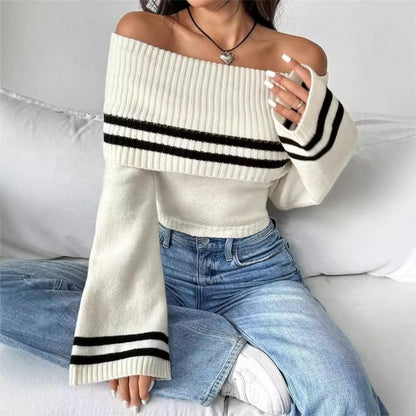 Women's Off-shoulder Midriff-baring Sweater Knitted Bell Sleeve Top
