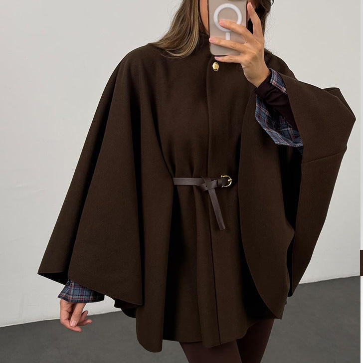 Winter Elegant Style Solid Color Waist Tight Woolen Cape Coat Mid-length