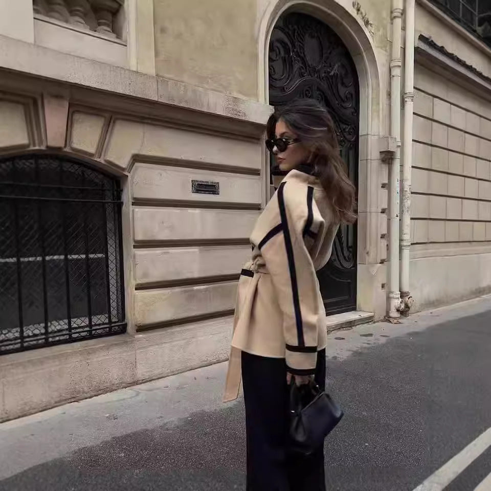 Italian-Inspired Contrast Color Woolen Coat