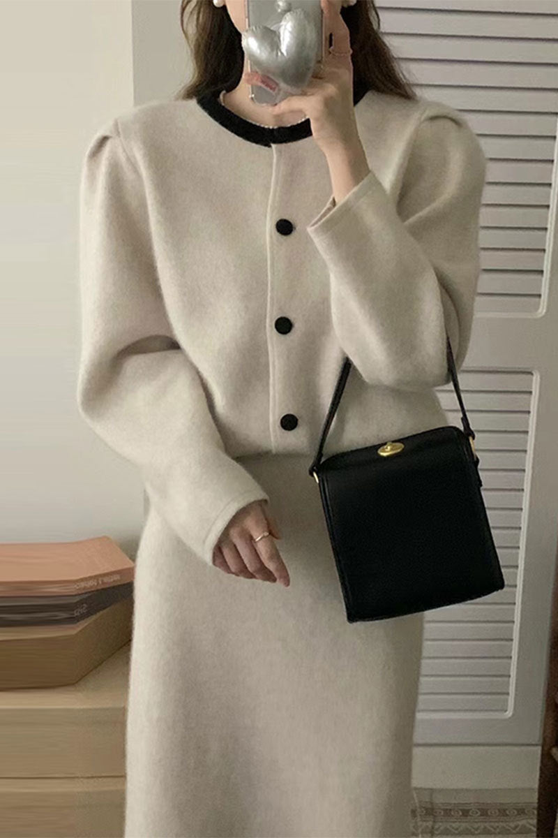 Gentle Crew Neck Contrast Single-Breasted Wool Jacket