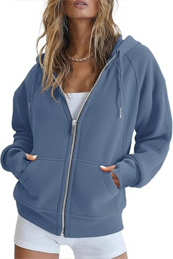 Fisoew Womens Zip Up Sweatshirts Fleece Lined Collar Crop Hoodie Casual Cotton Long Sleeve Tops With Thumb Hole
