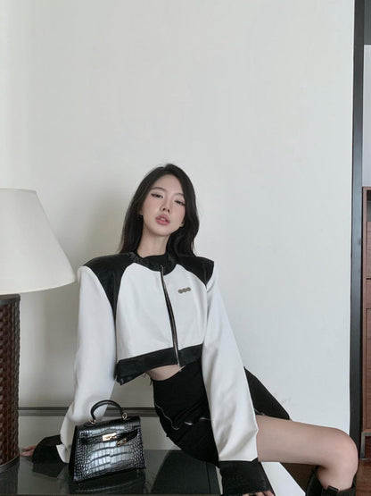 Black And White Panelled Quilted Oversized Leather Jacket