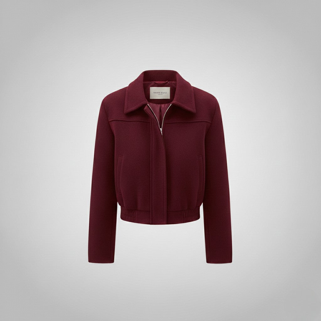 Retro Burgundy Wool Women's Short Casual Lapel Jacket