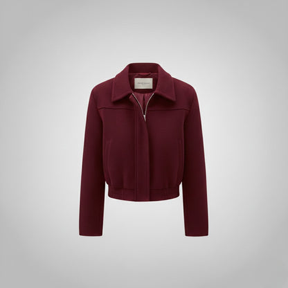 Retro Burgundy Wool Women's Short Casual Lapel Jacket