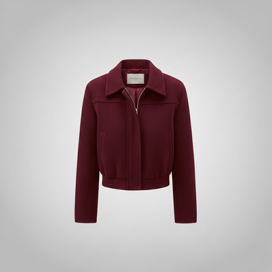 Retro Burgundy Wool Women's Short Casual Lapel Jacket