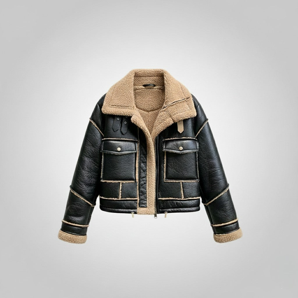 Lamb Wool Motorcycle Jacket Loose And Thick Contrast Color