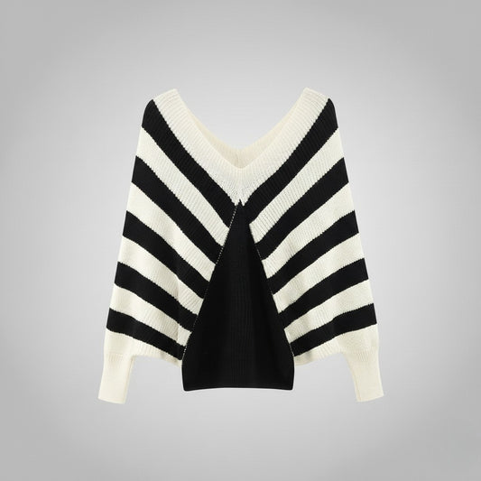 Plus Size Stripe Contrast Color V-neck Long-sleeve Knitwear