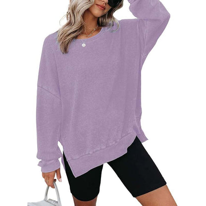 Womens Waffle Knit Crewneck Sweatshirts Long Sleeve Side Slits Casual Pullover Sweatshirt Tops