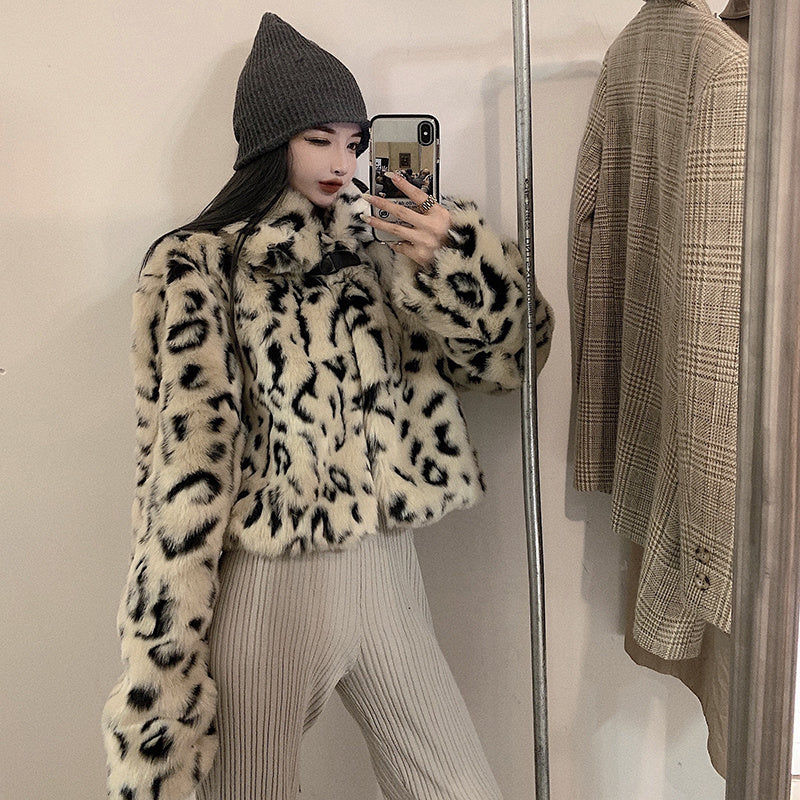 Leopard Print Jacket Women Loose Quilted Lapel Long Sleeves