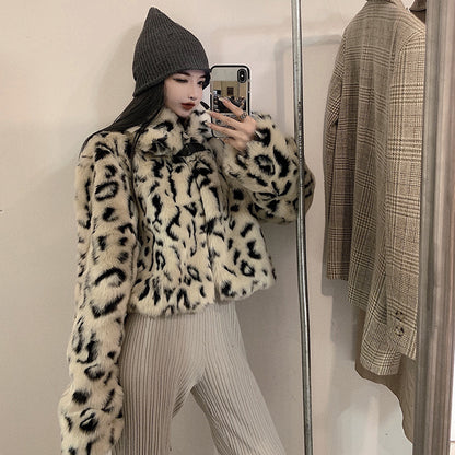 Leopard Print Jacket Women Loose Quilted Lapel Long Sleeves