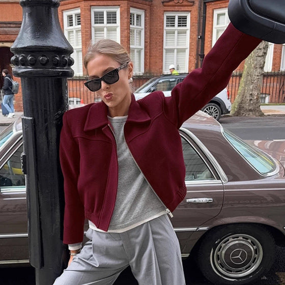 Retro Burgundy Wool Women's Short Casual Lapel Jacket