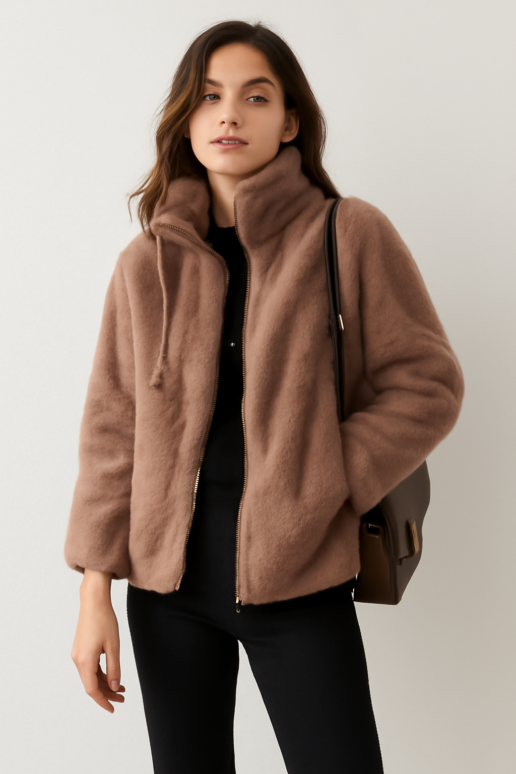 Double Faced Fleece Warm High Neck Sweater Women Cardigan