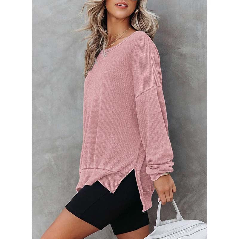 Womens Waffle Knit Crewneck Sweatshirts Long Sleeve Side Slits Casual Pullover Sweatshirt Tops