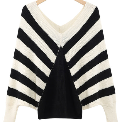 Plus Size Stripe Contrast Color V-neck Long-sleeve Knitwear