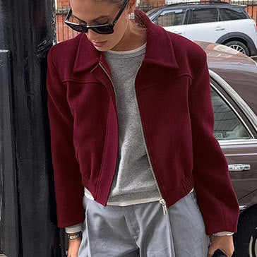Retro Burgundy Wool Women's Short Casual Lapel Jacket